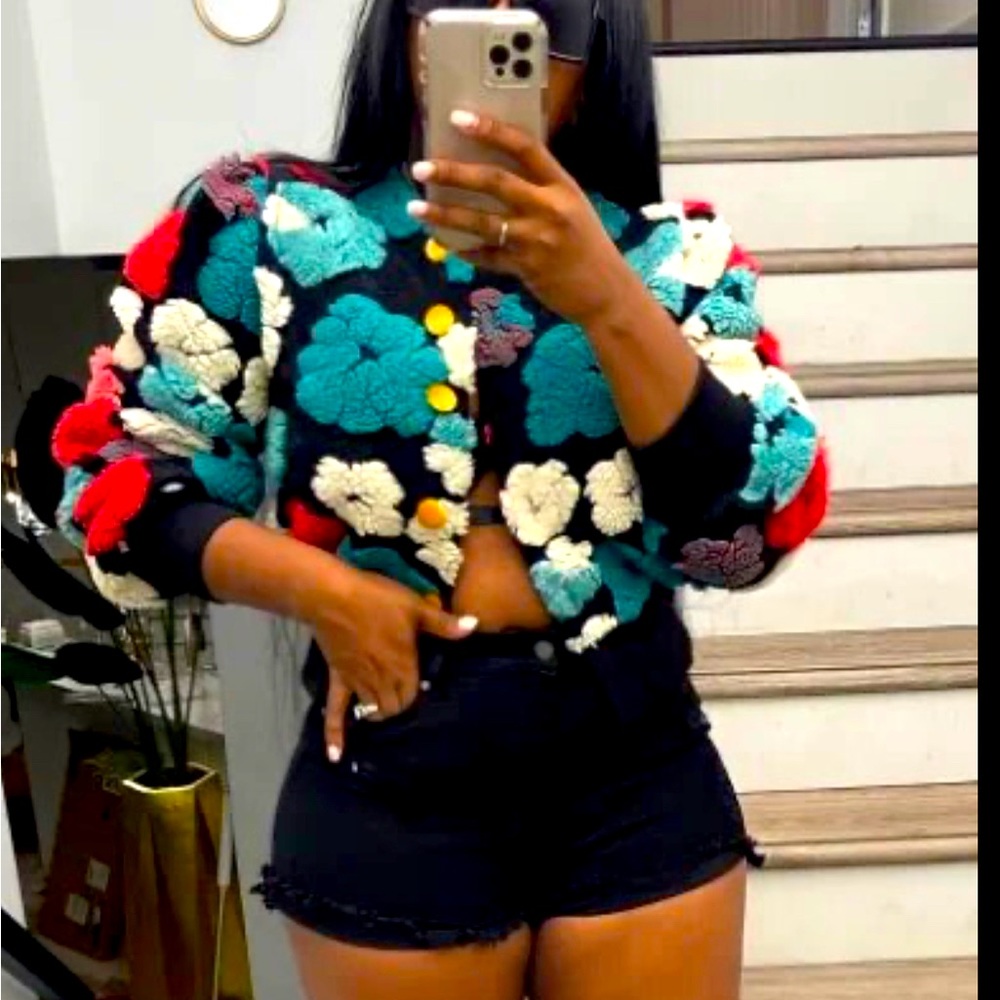 Flower Bomb Three Dimensional Long Sleeved Knitted Jacket/Coat